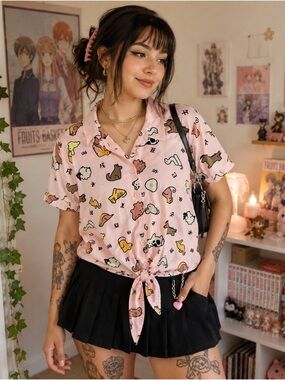 Box Lunch Fruit Basket Pink Anime Tie Front Blouse Size XS Kawaii Manga